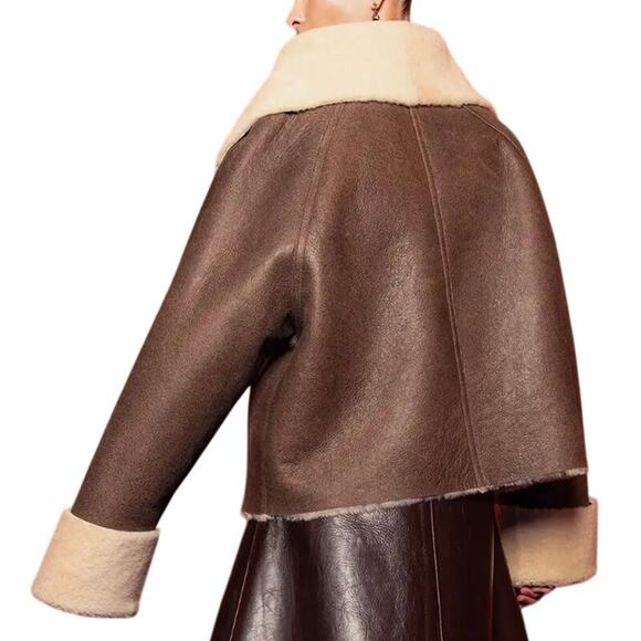 ENTIRE STUDIO LAMB LEATHER SHEARLING CORRETTO BOMBER JACKET BROWN SMALL NWT - Picture 4 of 15